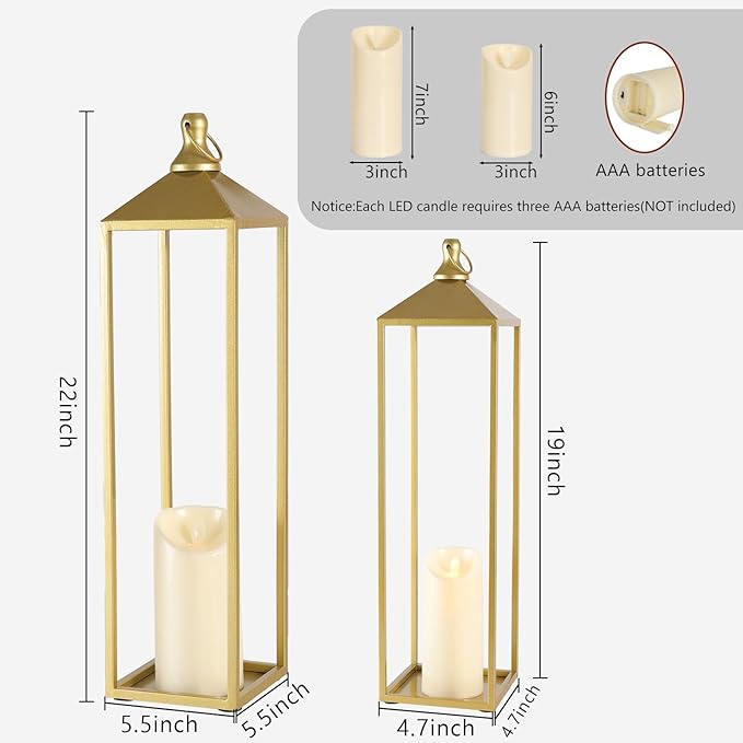 22'' 19'' Large Lanterns Decorative Outdoor Indoor, Set of 2 Gold Metal Candle Lantern Modern Farmhouse Floor Lanterns Decorative for Mantle, Patio, Porch, Garden, Home Decor