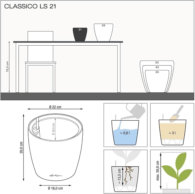 Lechuza Classico LS 21 Black High Gloss, Self-Watering Round Planter, D8.3 H7.9 in