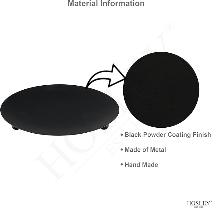 Hosley Set of 2 Black Iron Pillar Candle Holder Plates – 7-Inch Decorative Round Trays for Pillar Candles – Ideal for Weddings, Special Occasions, Home Décor, and Pedestal Displays