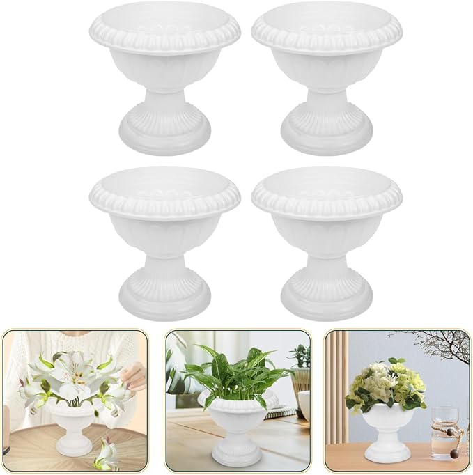 PRETYZOOM Mini Roman Flower Pots 4 Pack White Decorative Pedestal Planters for Wedding Centerpieces Party and Home Garden Decor 6.29X5.51 Inches