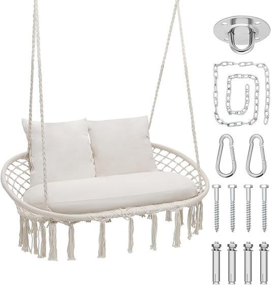 Athena Collection Hammock Swing Chair with 2 Seat, Max 700 Lbs, Outdoor Large Cotton Rope Chair Hanging Macrame Chair with 3 Soft Cushion, Swing Chair for Outdoor Indoor Patio Garden, White