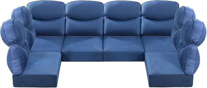 Luxury 24x24x6 Outdoor Seat Cushions for 6-Seat Sectional Sofa Set of 6 - Water-Repellent 14-Piece Patio Cushion Set for Outside Wicker Loveseat Chair L-Shape Couch - Navy Blue/Smile