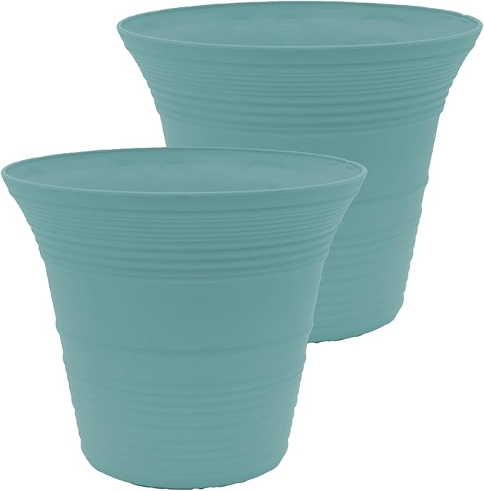 The HC Companies 14 Inch Sedona Round Self Watering Planter Pots, Lightweight UV-Resistant Plastic Indoor & Outdoor Planters, 2-Pack Flower Pots for Garden & Home Decor, Dusty Teal