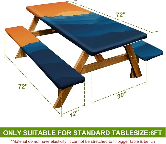 Picnic Table Cover with Bench Covers Set of 3 - Scenic Landscape Mountain Sunset Tablecloth, Elastic Fitted for 6 Ft Tables, Washable Polyester Cover for Camping, Indoor & Outdoor