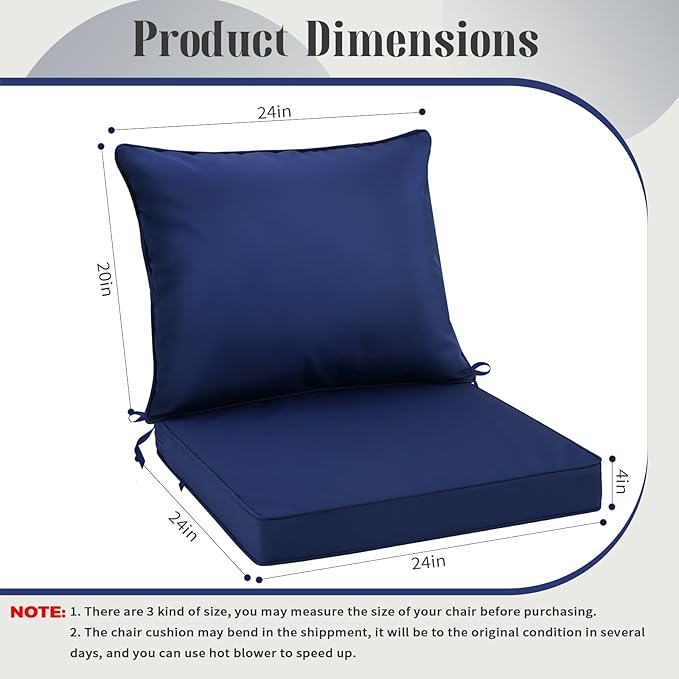 PLTCAT All-Weather Comfort Deep Seat Cushions, Fade-Resistant Patio Chair Cushion Set (Navy Blue, 24" x 24" + 24" x 20") with Removable Cover for Pation Furniture