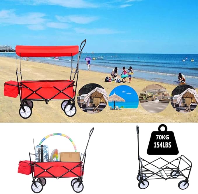 Garden Shopping Beach Cart Folding Wagon with Umbrella Accessories Package for Camping Wagon Camping Outdoor Picnic Beach red One Size
