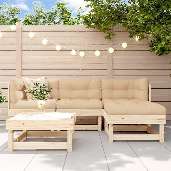 Garden Lounge Set Beige, Natural Wood Outdoor Seating Set Garden Seating Ensemble for Backyard Deck
