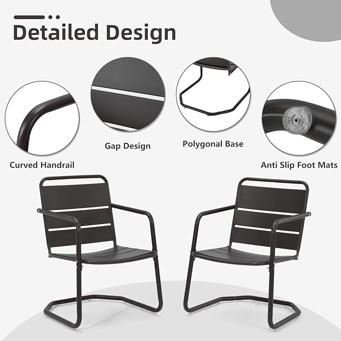 MELLCOM Patio Chairs Set of 2, Small Patio Furniture Set - 2 C-Spring Metal Chairs, Outdoor Bistro Set for Balcony, Front Porch, Poolside, Garden, Deck, Indoor, Black