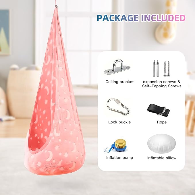 Kids Pod Swing Seat, Flannel Sensory Swing Chair Nightglow with PVC Inflatable Cushion, Hanging Hammock Chair for Indoor＆Outdoor Use (Pink (Starry Sky))