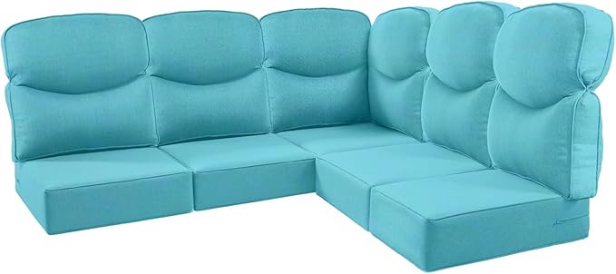 Luxury 24x24x6 Outdoor Cushions for 5-Seat Sectional Sofa Set of 5 - Water-Repellent 11-Piece Patio Cushion for Outside Rattan Wicker Loveseat Chair L-Shape Couch - Turquoise/Smile