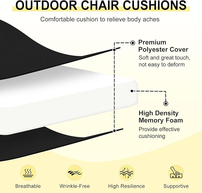 downluxe Outdoor Chair Cushions Set of 4 for Patio Furniture, Water-Resistant Square Corner Patio Chair Cushions with Ties, High Density Foam Outdoor Seat Cushion, 18.5" X 16" X 3", Black