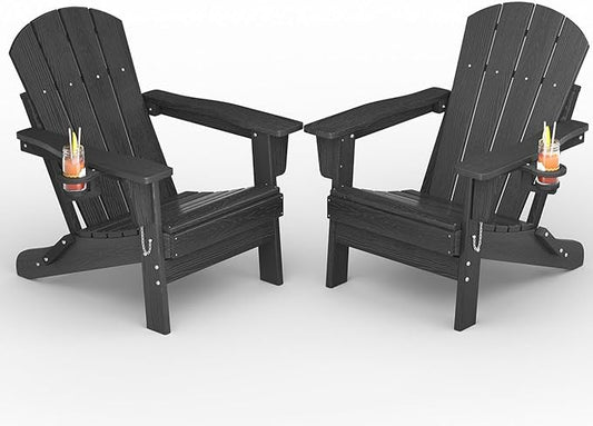 Folding Adirondack Chair Set of 2, All-Weather HDPE Outdoor Chair, Wooden Textured with Cup Holder for patios, Decks, Gardens, fire pits, Black