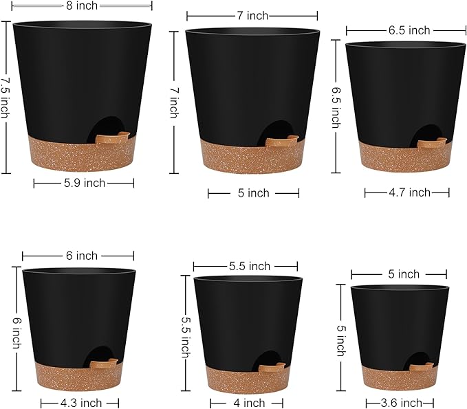 Indoor Self Watering Planters with Drainage Holes and Saucers, 8, 7, 6.5, 6, 5.5, 5 Inches, Black, 6 Pots