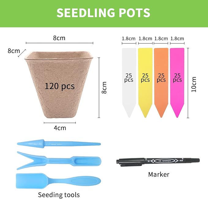 3T GROUP 120 Pack 3.15 Inch Square Small Plant Pots,Disposable Flower Pots,Mini Compostable Pot for Plant,Biodegradable Planting Pot Cups with 100 Labels,Tool,Pen