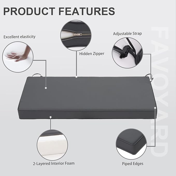 Favoyard Outdoor Bench Cushion 42 x 18 Inch Waterproof Patio Furniture Cushions 3-Year Color Fastness Garden Sofa Settee Couch Swing Pads with Handle and Adjustable Straps, Dark Gray