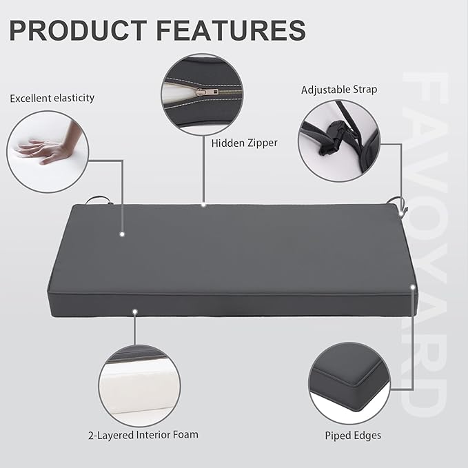 Favoyard Outdoor Bench Cushion 48 x 18 Inch Waterproof Patio Furniture Cushions 3-Year Color Fastness Garden Sofa Settee Couch Swing Pads with Handle and Adjustable Straps, Dark Gray