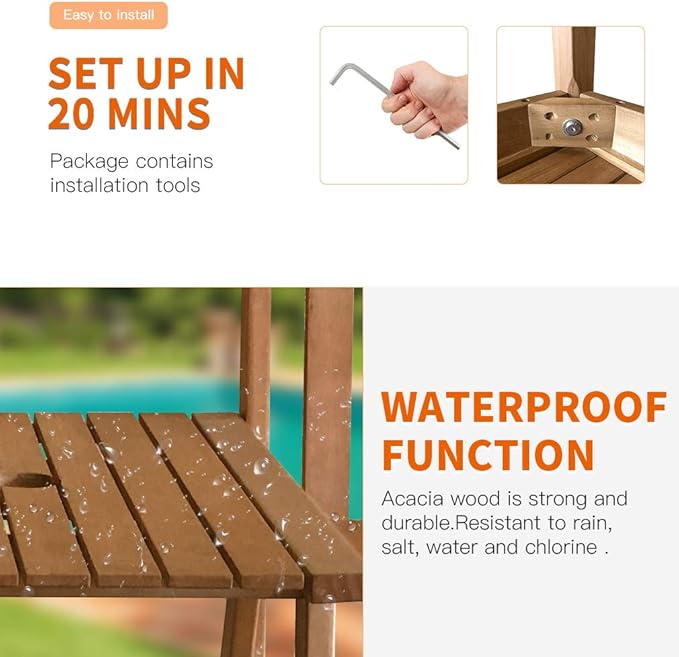 FDW Outdoor Patio Bench Wood Garden Bench Park Bench Acacia Wood with Table for Pool Beach Backyard Balcony Porch Deck Garden Wooden Furniture