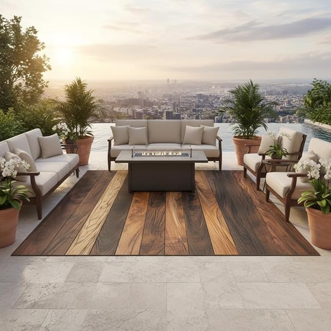 Natural Country Wood Grain Outdoor Rug 6x8 Brown Rustic Wooden Board Farmhouse Outdoor Area Rug Non Skid Waterproof Quick Dry Carpet for Patio Balcony Camping Porch Deck Pool Outdoor Carpets Mat