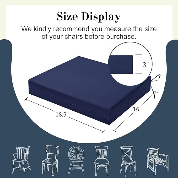 Cozyide Outdoor Chair Cushions, Waterproof Patio Seat Cushions with Adjustable Straps, Square Corner Patio Chair Cushions for Garden, Navy, 18.5x16x3 Inch (Pack of 4)