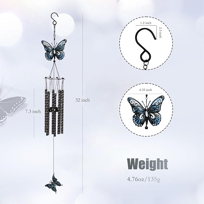 32'' Unique Butterfly Wind Chime for Outside Clearance, Garden Metal Windchimes for Outdoors Patio Decor(Black Blue)