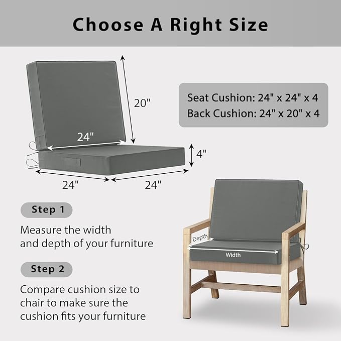 Waterproof Outdoor Chair Cushions 24x24, Memory Foam Outdoor Cushions for Patio Furniture with Removable Cover, Deep Seat Cushions for Outdoor Furniture with Ties and Handle, Dark Grey