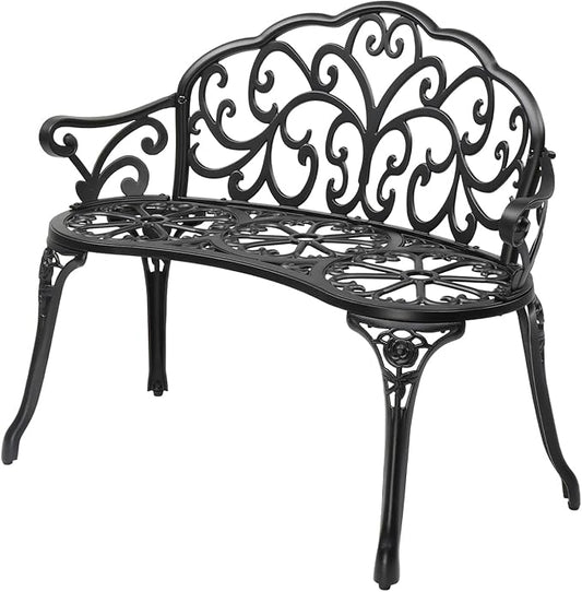 VINGLI 38.5" Patio Park Garden Outdoor Metal Rose Bench, 2-Person Cast Iron Cast Aluminium Frame Antique Finish Chair,Accented Lawn Front Porch Path Yard Decor Deck Furniture (Black, Butterfly)