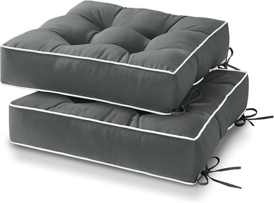 HARBOREST Outdoor Chair Cushions Set of 2, Tufted Patio Chair Cushions with Ties, Square Corner Outdoor Cushions for Patio Furniture, Lawn Chairs, Wicker Chairs, 17" x 17" x 5", Grey