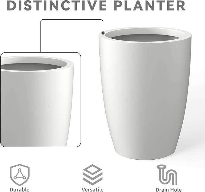 Kante 18.1",20.5",22.4" H Tall Round Concrete Planters Set of 3, Outdoor Indoor Modern Decorative Plant Pots with Drainage Hole & Rubber Plug for Home & Garden Pure White