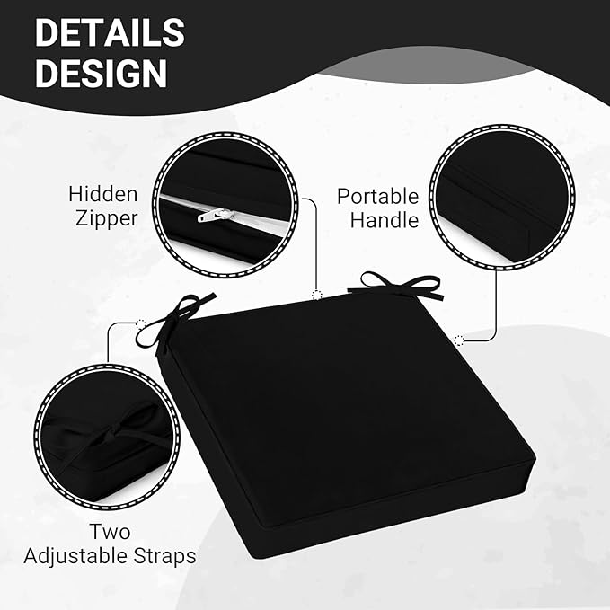 downluxe Waterproof Outdoor Chair Cushions Set of 2, 19" x 19" x 3" Patio Chair Cushion with Non-Slip Ties & Handle, Square Outdoor Cushion for Patio Furniture with Removable Cover, Black