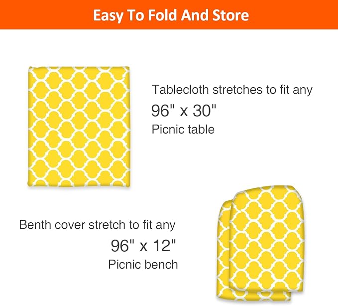 KENOBEE 8ft Picnic Table and Bench Cover, Camping Essentials RV Gear, 96 in Waterproof Windproof Outdoor Elastic All Around Tablecloth, Fitted Rectangle Tables and Seats, Yellow-White Moroccan