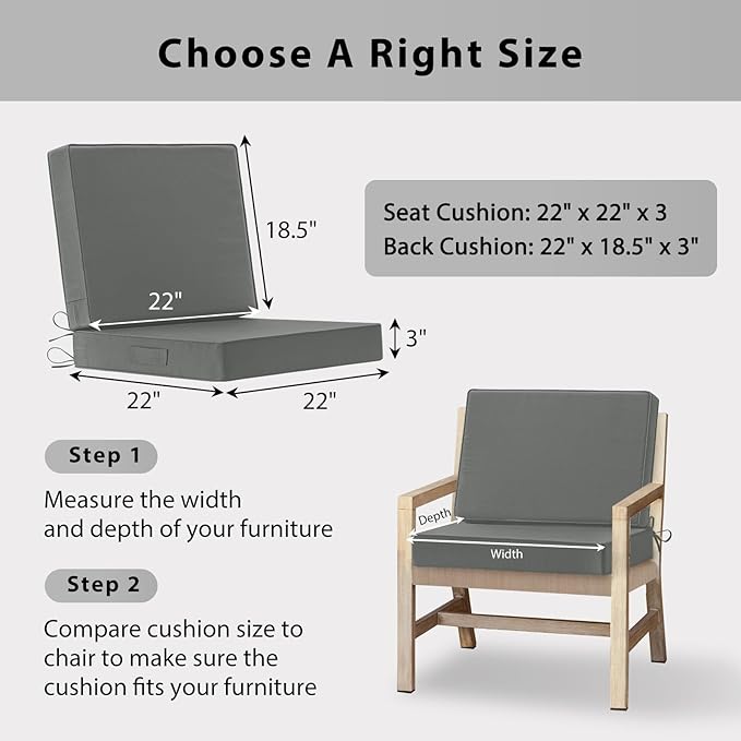 Waterproof Outdoor Chair Cushions 22x22, Memory Foam Outdoor Cushions for Patio Furniture with Removable Cover, Deep Seat Cushions for Outdoor Furniture with Ties and Handle, Dark Grey