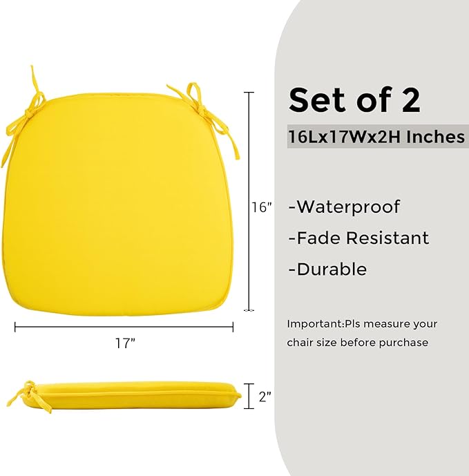 Outdoor Chair Cushions Set of 2,Patio Seat Cushion 17"x16"x2",U-Shaped Dining Chair Cushion 17 by 16 Inch,Water Resistant,Fade-Resistant Chair Pads for Kitchen Garden Furniture(Yellow)