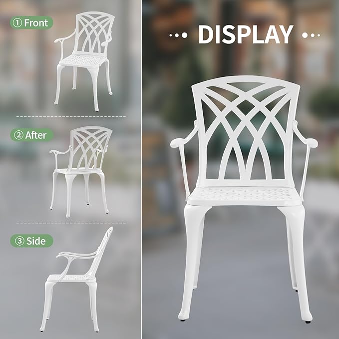 Cast Aluminum Patio Chairs Set of 2, All Weather Outdoor Bistro Chairs with Armrest, White Metal Outdoor Dining Chairs for Garden, White