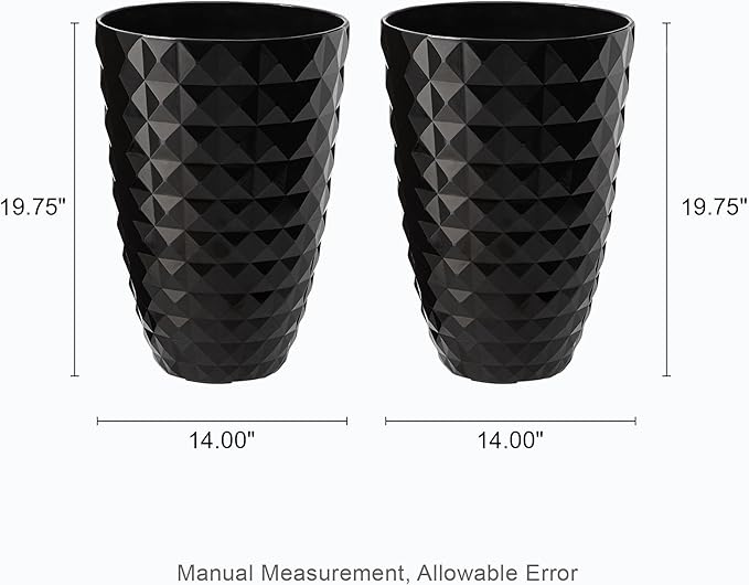 Glitzhome 19.75" H Large Tall Planters for Outdoor, Set of 2 Tall Black Planter with Drainage Holes, Faux Ceramic Diamond Textured Oversized Planters, Decorative Flower Pots for Porch Indoor Garden