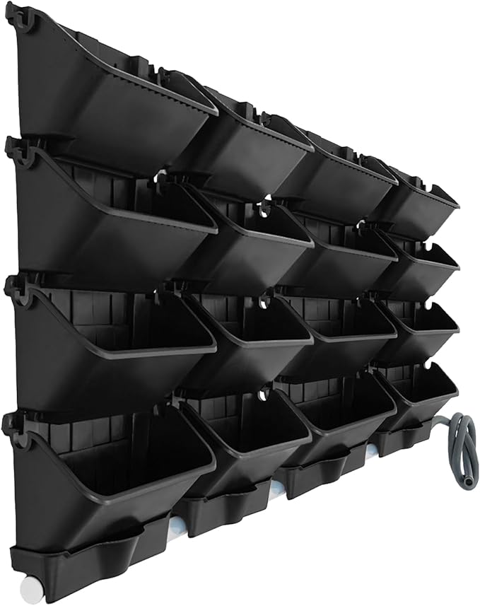 20Pack Vertical Wall Planter, 13 inch Wall Mounted Garden Planters, Stackable Wall Hanging Planter, Plastic Flower Pot with 4 Drainage Tray & 6.56FT Drainage Pipe for Indoor and Outdoor (Black)