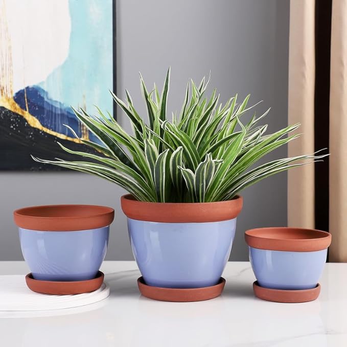 Yishang Glazed Terracotta Pots with Saucers, Set of 3, 5", 6", and 7" Sizes, Ceramic Clay Planter Pots with Drainage Holes - Blue