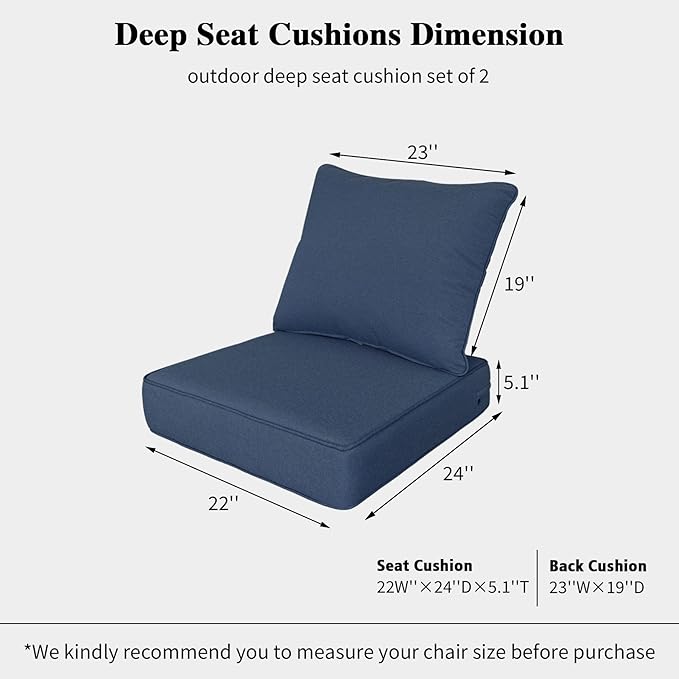 Outdoor 22"x24" Deep Seat Patio Cushion Set of 2, Outdoor Chair Cushions with Water-Resistant UV Resistant Weather Resistant Sectional Sofa Pad and Removable Covers,Navy