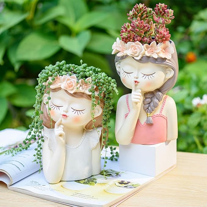 Adorable Fairy Girl face Succulent Pot with Drainage Hole, Resin Head Planter Pot for Indoor Plants, Decorative Flower vase,Gifts Idea for Lady (Medium-Tranquility)