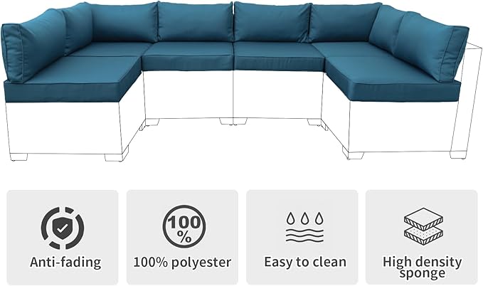 Valita Outdoor Furniture Replacement Cushions, Fits 6-seat Sectional Rattan Conversation Set, Patio Water-Resistant Replacement Sofa Cushions, Liner&Cover (Peacock Blue)