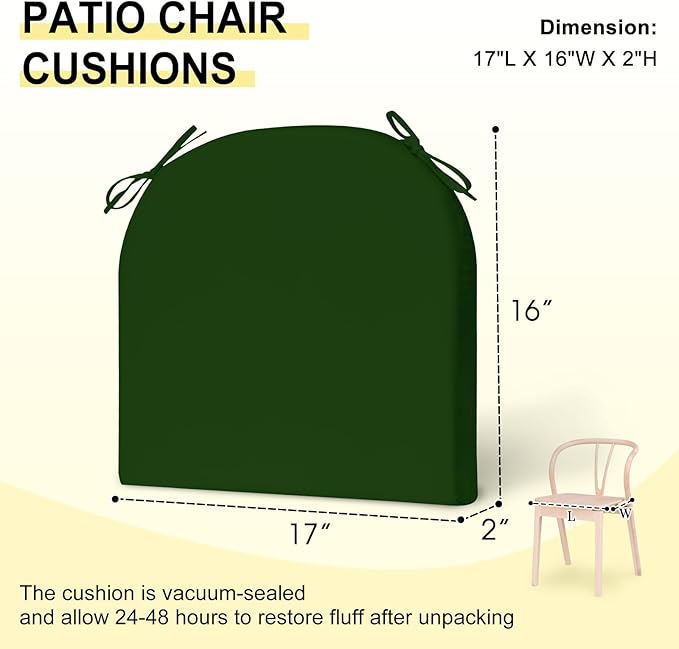 downluxe Outdoor Chair Cushions Set of 4 for Patio Furniture, Water-Resistant Patio Chair Cushions with Ties, High Density Foam Outdoor Seat Cushion, 17" X 16" X 2", Forest Green
