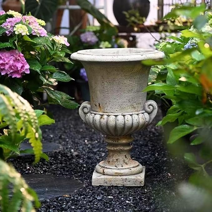 VISIBLE Vintage European Giant Garden Urn Planter, Decorative Cement and Fiber Flower Pot, Make Rust Finished, Wrap Foam Safely Delivered from Local Warehouse (Antiqued, Medium)