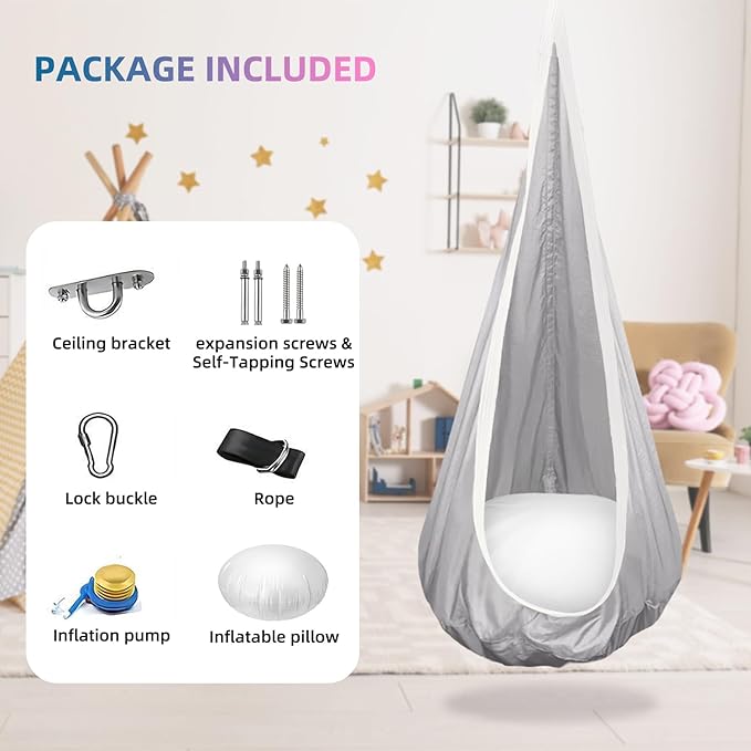 Kids Swing Seat Hammock Chair Indoor Outdoor Hanging Chair for Children,Soft & Safe with High Weight Capacity, Easy Install Perfect for Bedroom, Garden, Playroom (Gray)
