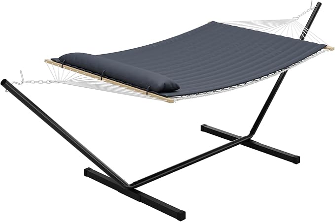 Double Hammock with Stand, 2 Person Portable Foldable Outdoor Hammock with Pad & Pillow, 450lb Capacity Heavy-Duty Hammock for Garden, Patio, Backyard, Dark Gray