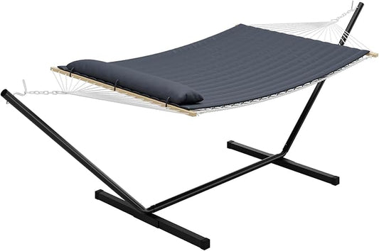 Double Hammock with Stand, 2 Person Portable Foldable Outdoor Hammock with Pad & Pillow, 450lb Capacity Heavy-Duty Hammock for Garden, Patio, Backyard, Dark Gray