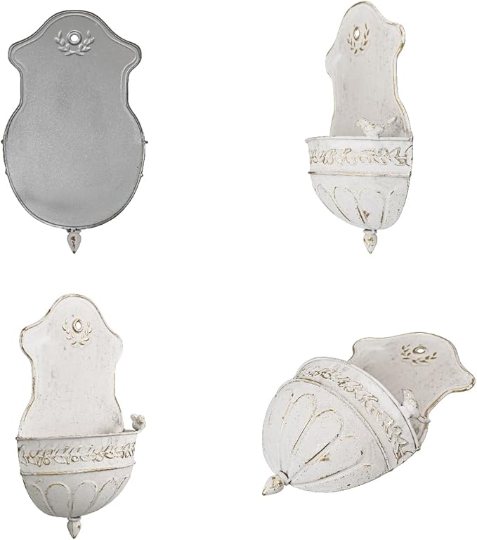 Vintage Distressed White Metal Wall Planter, Rustic Hanging Pocket Planter with Scrollwork & Scalloped Design, Farmhouse Wall Decor for Indoor & Covered Outdoor Garden, Porch & Entryway