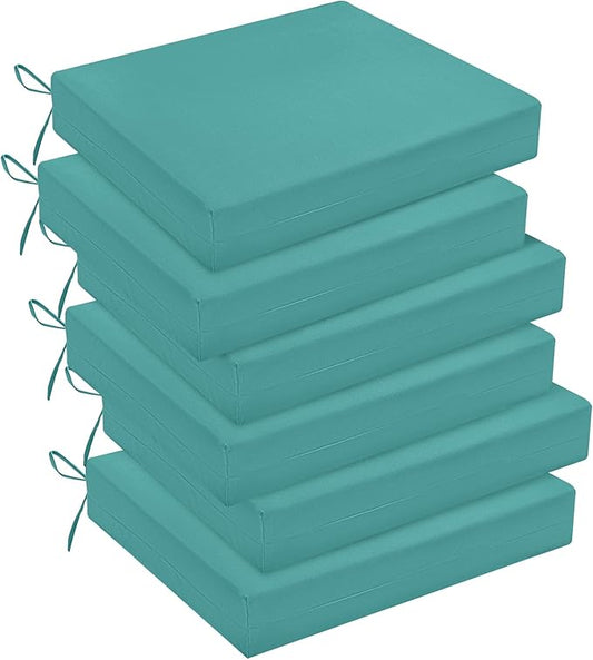 downluxe Outdoor Chair Cushions Set of 6 for Patio Furniture, Water-Resistant Square Corner Patio Chair Cushions with Ties, High Density Foam Outdoor Seat Cushion, 18.5" X 16" X 3", Teal