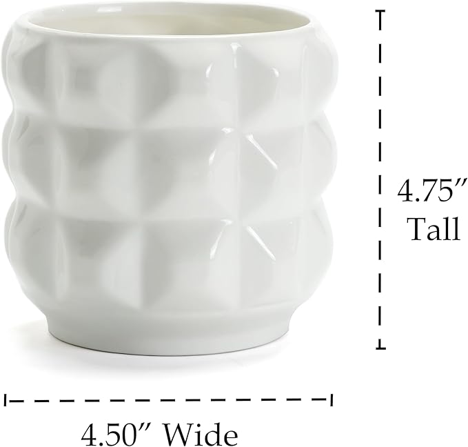 Arktiva Ceramic Planter Pot with Drainage Hole, 4.5 Inch Dia, Indoor and Outdoor, Home Patio Garden, Plants Flower Succulent, 3D Patterned Round (White)