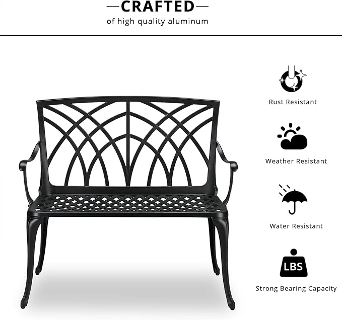 Outvita Outdoor Cast Aluminium Bench, 38" Weather Resistant Patio Bench with Orchid Pattern for Front Porch, Backyard, Lawn