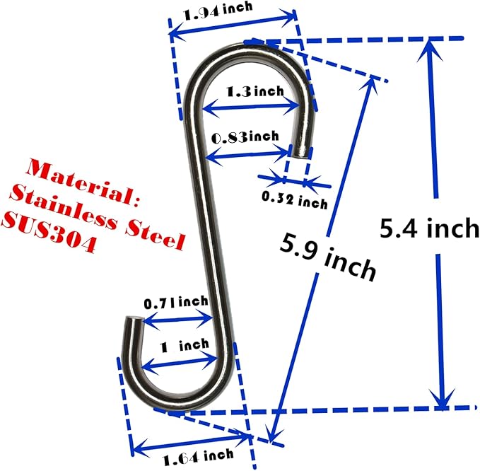 Heavy Duty S Hooks Hanging Metal Hook Large 304 Stainless Steel Diameter 5/16 in Rust Proof for Swing Hammock Garden Outdoor Tools
