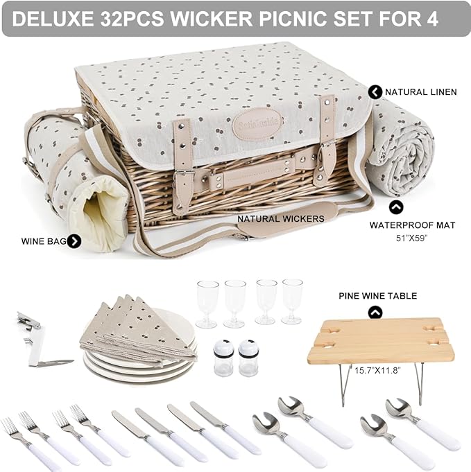 Multifunctional Wicker Picnic Basket Set for 4 with Blanket and Picnic Table, Insulated Picnic Set with Full Tablewares for Camping Outdoor Couples,Cherry